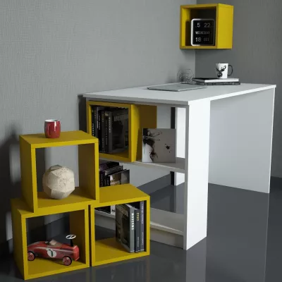 Set tavoline studimi me raft librash, ngjyrë bardhë-verdhë, Skye Decor