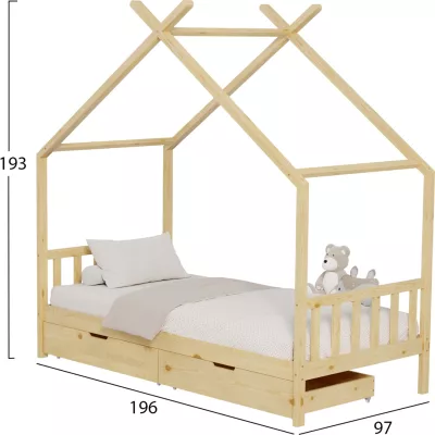 Krevat për fëmijë KLARICE FH680.01 t.MONTESSORI-2 sirtarë- dru pishe i fortë në ngjyrë natyrale- 190x90cm