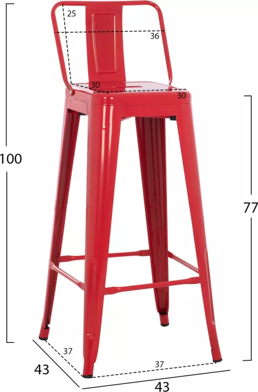 Karrige për bar metalike Melita me shpinë, ngjyrë e kuqe, FH8643.04, 43x43x100 cm