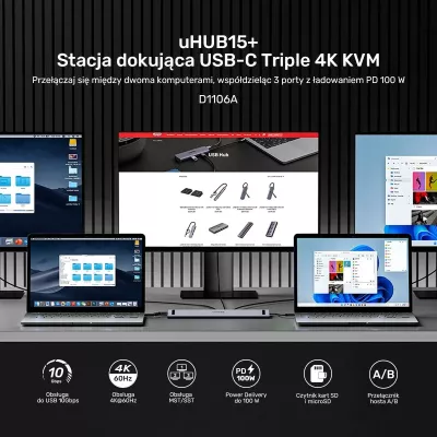 Switch KVM Unitek, 2x HDMI 4K, 1x DisplayPort, USB-C, PD 100W, hiri