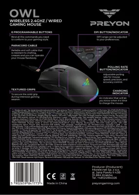 Maus gaming PREYON Owl Wireless POW35B, 16000 DPI, 2.4GHz/USB, RGB, i zi