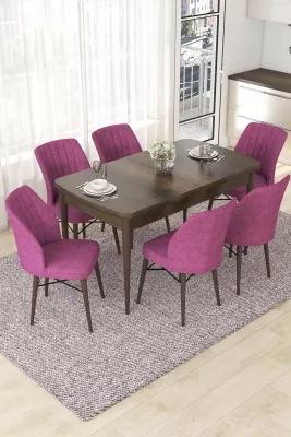 Set tavoline me karrige për ngrënie, zgjatshme, 7 copë, ngjyrë barok dhe e purpurt, Skye Decor