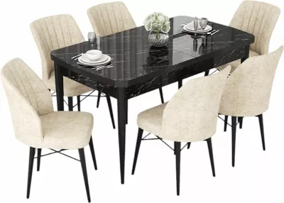 Set tavolinë me karrige për ngrënie, i zgjatshëm, ngjyrë mermeri të zi dhe krem, 7 copë, Skye Decor, Nef