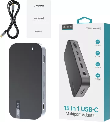 Kasë Choetech HUB-M52, USB-C, HDMI, VGA, DP, SD, RJ45, Gri