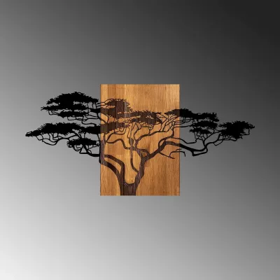 Aksesor dekorativ për mur, dru dhe metal, motiv peme akacie, ngjyrë e zezë dhe arre, 144x3x70cm