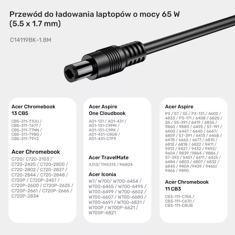 Kabllo furnizimi për laptop Acer Unitek, 65W USB-C - DC5,5, ngjyrë e zezë