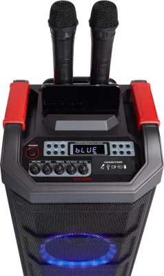 Altoparlant portativ Bluetooth Aiwa KBTUS-608 80 W RMS me drita RGB, me karrocë me rrota, i zi, me 2 mikrofonë wireless