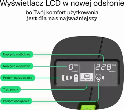 UPS Green Cell UPSLM480, 0.85 kVA, 480 W, 2 dalje AC, 9 Ah, 12 V, e zezë