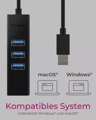 Adapter USB dhe LAN ICY BOX IB-HUB1419-LAN, USB 3.2 Gen 1, 10,100,1000 Mbit/s, i zi