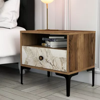 Komodinë moderne natës Hanah Home Lizbon 531, ngjyrë arre dhe e bardhë