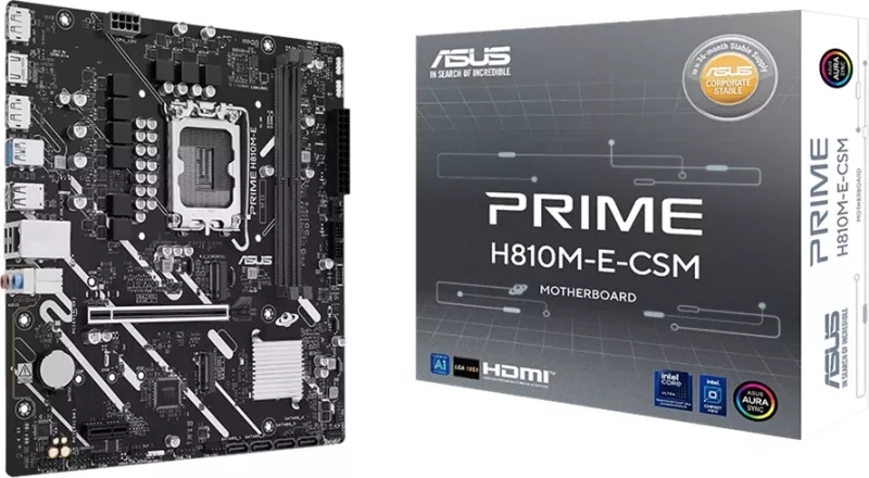 Pllakë amë ASUS PRIME H810M-E-CSM, LGA1851, Intel H810, micro ATX, DDR5 2xDIMM, 2xM.2, 4xSATA, PCIe 4.0, 1Gb Ethernet, 2xDisplayPort, 1xHDMI, Aura Sync
