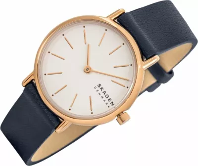 Orë dore për femra Skagen, rozë gold me rrip blu