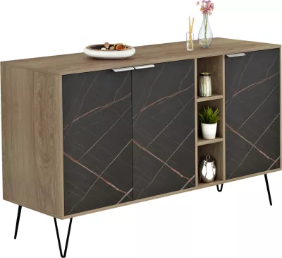 Bufe CABRON FH8874.12 melaminë në ngjyrë Sonama-mermer i zi dhe këmbë metalike të zeza 142x40x83H cm