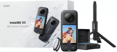 Kamerë aksion Insta360 X3 All-Purpose Kit, 360°, 5.7K, set me selfie stick, bateri rezervë, e zezë