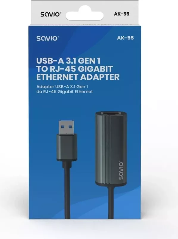 Adapter USB-A 3.1 Savio AK-55, RJ-45 Gigabit Ethernet, gri