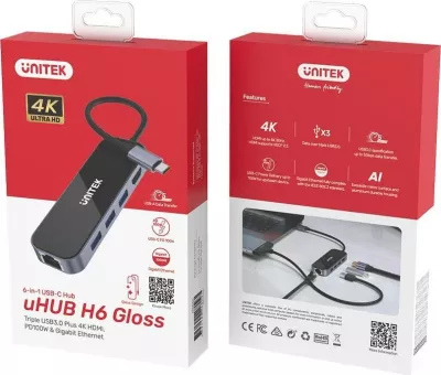 Hub USB-C Unitek D1084A 6-në-1 HDMI, 3x USB-A 3.1, USB-C PD, Gigabit Ethernet, i zi