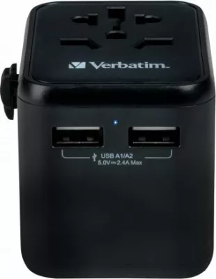 Adapter udhëtimi universal Verbatim UTA-01, 2x USB-A, 100-250V, 180+ shtete, i zi