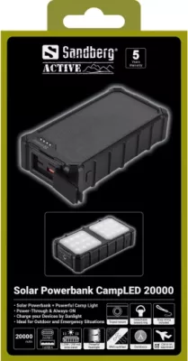 Powerbank SANDBERG Solar Powerbank CampLED 20000 20000mAh (74Wh), 2x USB-C + 1x USB-A, PD/PPS/SCP, IP65, me dritë kampingu 200lm, i zi