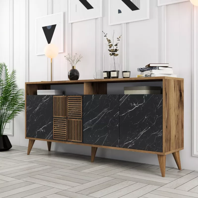 Bufe melamine FH9506.02, ngjyrë arre me dyer pamje mermeri të zi, 160x35x78H cm