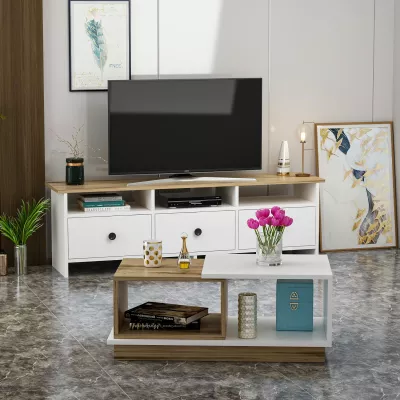 Set mobiljesh për dhomë dite, Skye Decor, Oslo, ngjyrë e bardhë dhe lis