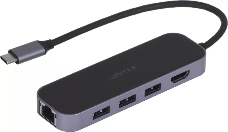 Përshtatës Unitek Hub, USB-C 3.1,RJ-45, 3X USB-A, i zi 