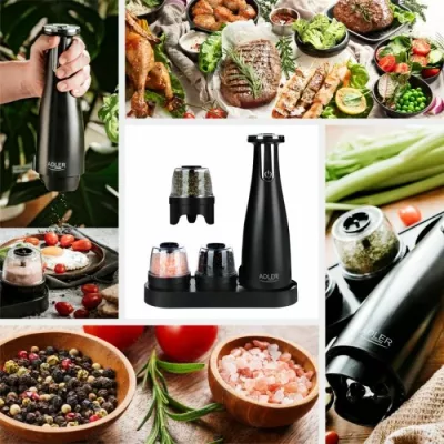 mulli elektrik kripë/piper Adler AD4449b, 3 grirës të ndërrueshëm, 150 ml, USB-C, mat i zi, set