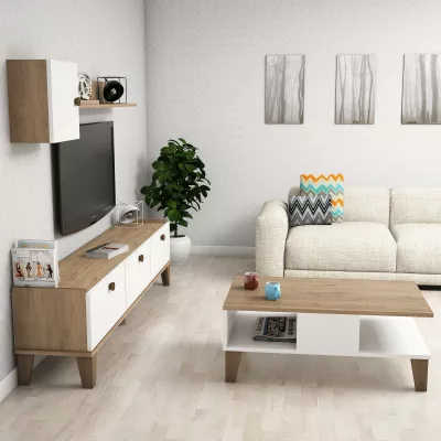 Set mobiljesh për dhomë dite, ngjyrë lis dhe e bardhë, Sumer 1, Hanah Home
