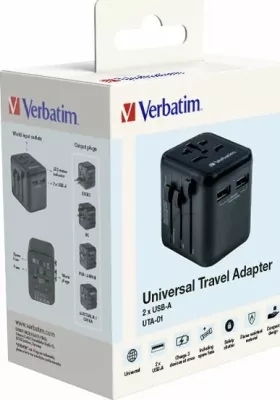 Adapter udhëtimi universal Verbatim UTA-01, 2x USB-A, 100-250V, 180+ shtete, i zi
