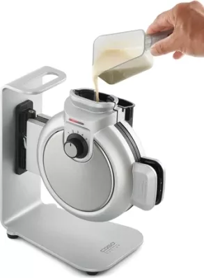 Aparat për vaflla CASO WaffleUp 2932 800 W, sistem vertikal, Ø18 cm, rregullim 5 nivele, me lugë dozimi + tabaka pikuese, argjendtë