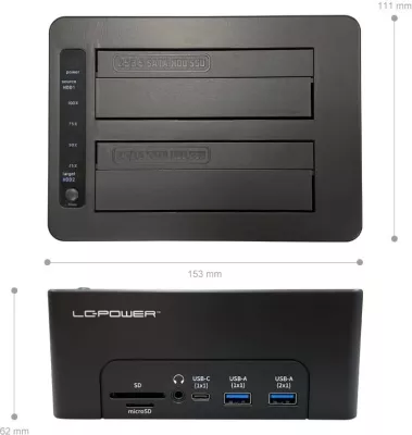 Docking station LC-Power LC-DOCK-C-MULTI-HUB, 2x SATA 2.5/3.5", USB 3.2 Gen 2, HDMI, SD/microSD, e zezë