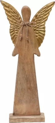 Dekor engjëll për Krishtlindje, dru mango natyral, krahë alumini të artë, 24x6x55cm