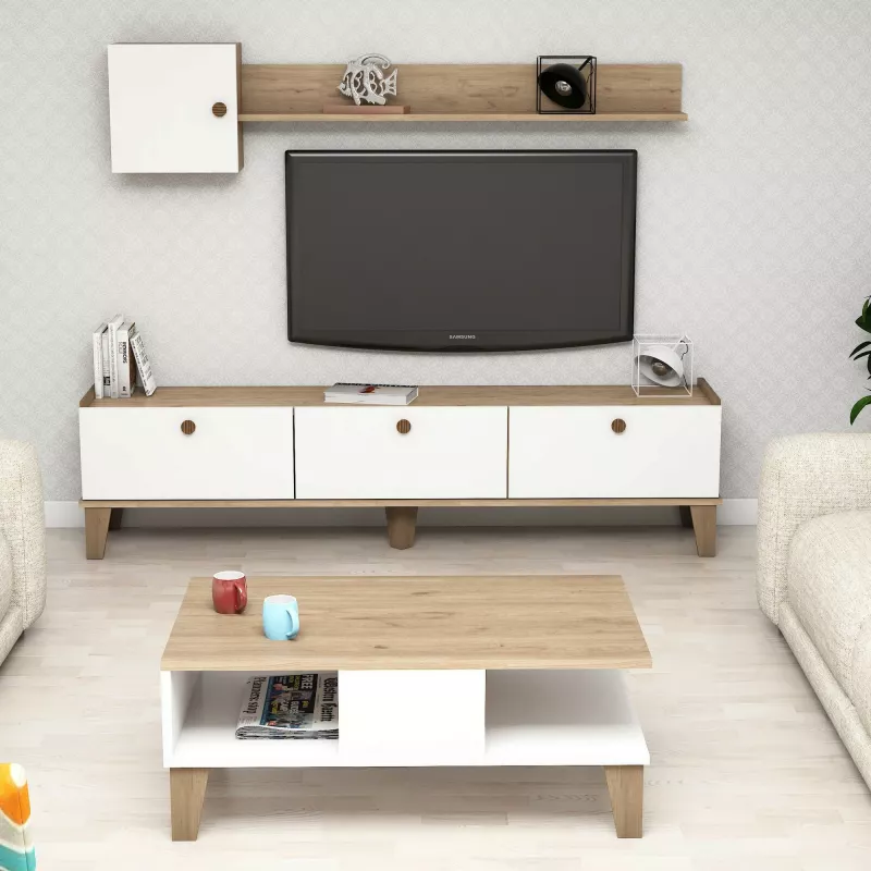 Set mobiljesh për dhomë dite, ngjyrë lis dhe e bardhë, Sumer 1, Hanah Home