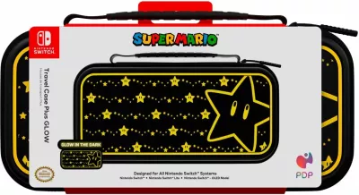 Kasë udhëtimi PDP Switch Travel Case Plus Super Star Glow in the Dark, kompatibile me Nintendo Switch/Lite/OLED, e zezë me të verdhë