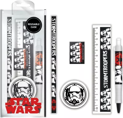 Set shkrimi Pyramid International Star Wars Stormtrooper, 6 pjesë (penar plastik, laps, stilolaps, gomë, mprehës, vizore 15 cm)