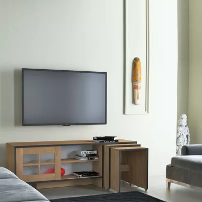 Komodinë për TV Hanah Home Revival, ngjyrë lisi, me tavolina ndihmëse