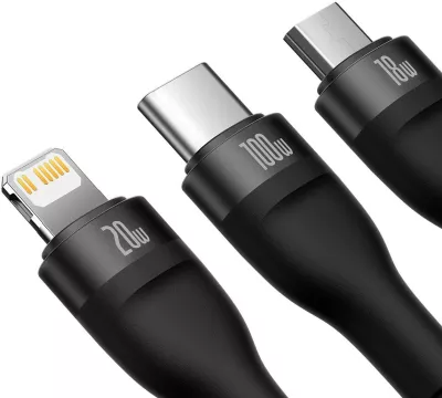 Kabllo multifunksional Baseus Flash Series II CASS030101, 1.2m, 100W, USB-A/USB-C/Lightning/micro USB, e zezë