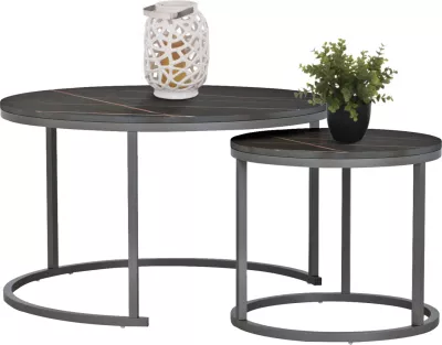 Set 2 tavolina kafeje ΗΜ8763.13, MDF efekt mermeri i zi, këmbë metalike të zeza, Φ80x48cm