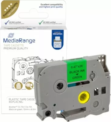 Kasetë shirit etikete MediaRange TZ-731/TZe-731, 12mm x 8m, e laminume, jeshile me printim zi, 1 copë