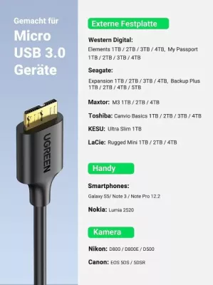 Kabllo USB 3.0 UGREEN 10840 USB-A në Micro-B, 0.5 m, e zezë