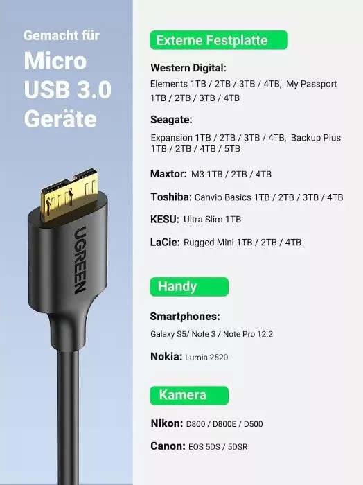 Kabllo USB 3.0 UGREEN 10840 USB-A në Micro-B, 0.5 m, e zezë thumbnail 4