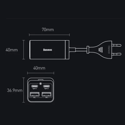 Karikues Baseus GaN3 Pro CCDK65E 65W 2x USB-C 2x USB-A me kabllo USB-C në USB-C 1m, i zi (CCGP040101)