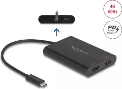 Adapter DeLOCK 64309 USB-C në HDMI + USB-C PD, 0.2m, 4K 60Hz, i zi