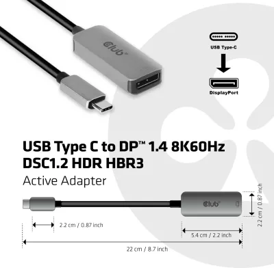 Adapter Club3D USB Type-C në DisplayPort 1.4, 8K60Hz, i zi/argjendtë