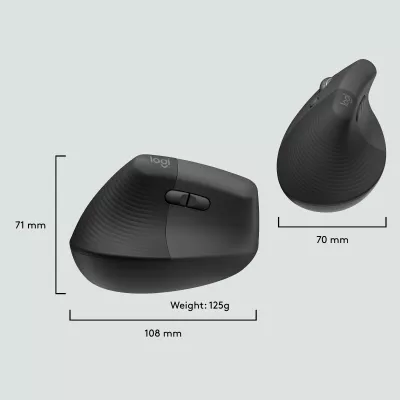 Maus Logitech Lift Vertical Ergonomic për Biznes, Majtas, Dizajn Vertikal, RF Wireless + Bluetooth, 4000 DPI, Grafit