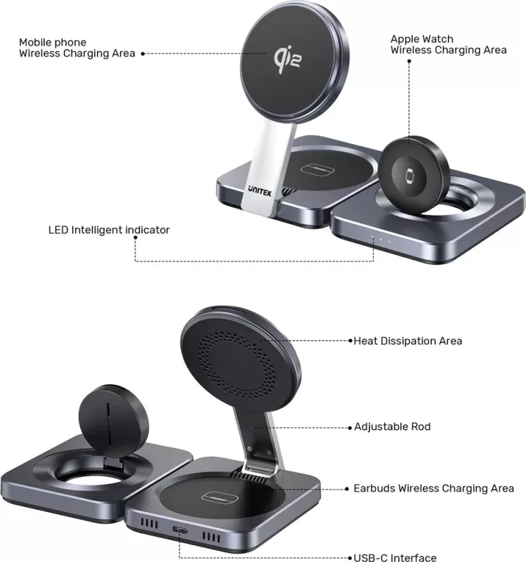 Karikues wireless UNITEK P1300AGY01 për celular, kufje, smartwatch, Gri