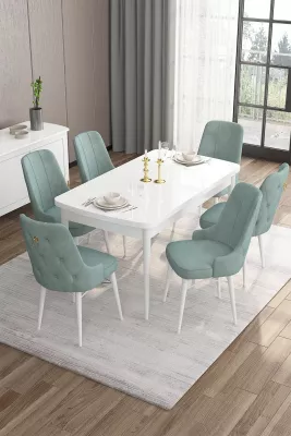 Set tavoline me karrige për ngrënie, e zgjatshme, 7 copë, Skye Decor, e bardhë, jeshile deti
