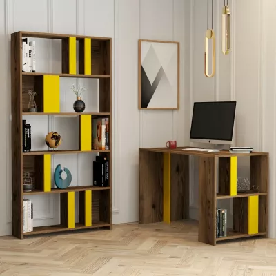 Tavolinë studimi me raft librash, ngjyrë arre dhe e verdhë, Skye Decor, Lima
