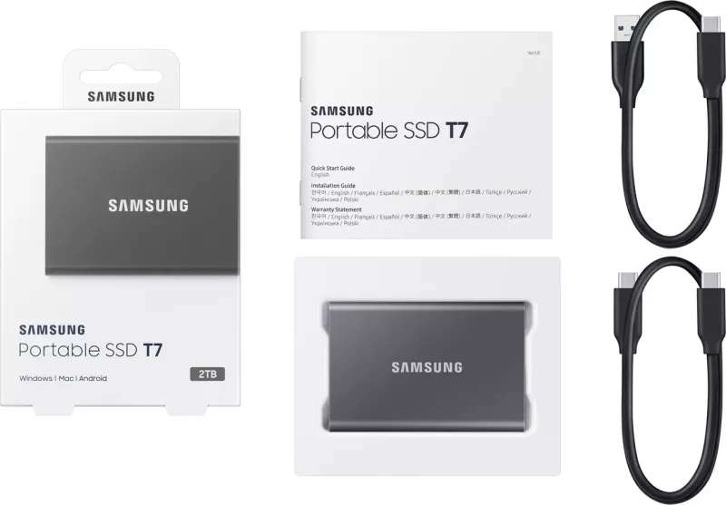 SSD portabël Samsung T7, 2 TB, USB Type-C 3.2 Gen 2, Gri