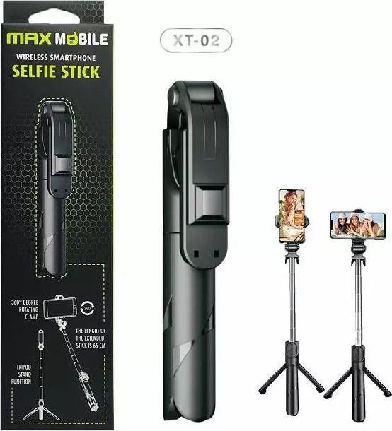 Selfie stick tripod MAXLINE MaxMobile XT-02, Bluetooth, 65 cm, për telefona deri 6.8", 360°, me telekomandë, i zi