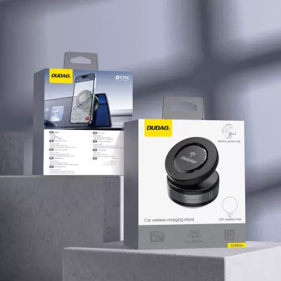 Mbajtës makine me karikues wireless 15W, Dudao F24MAX, MagSafe, kupë thithëse automatike, USB-C, i zi